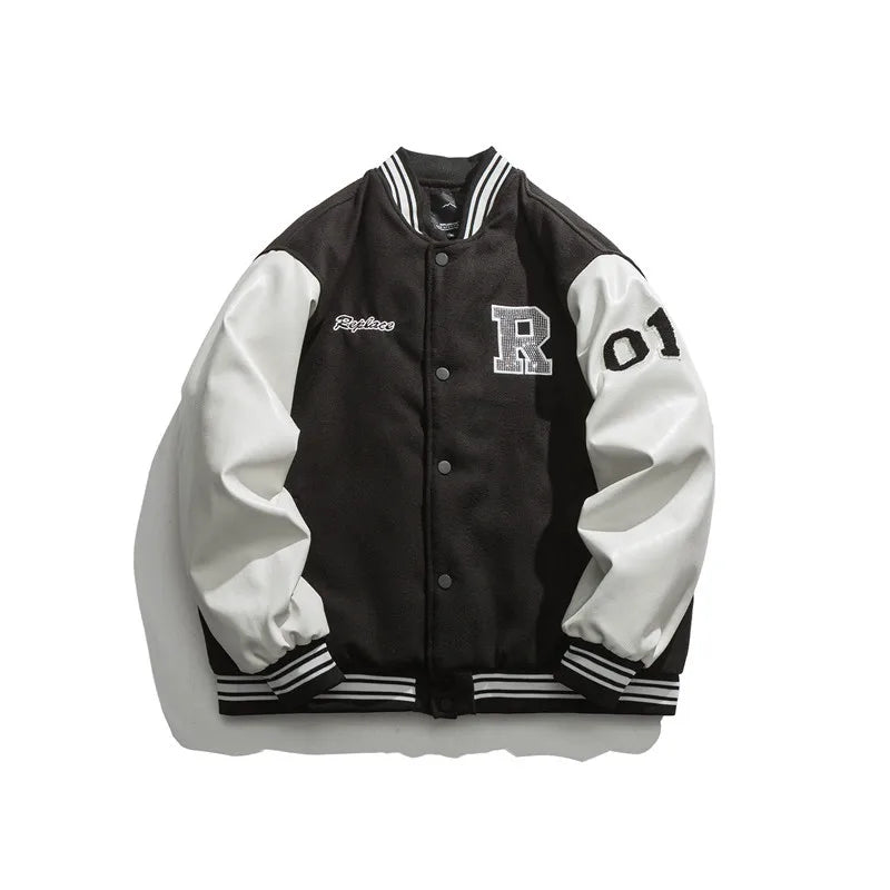 Japanese Retro Flocking Print Baseball Varsity Jacket Winter Oversize Casual Cotton with Stand Collar Front Logo Position