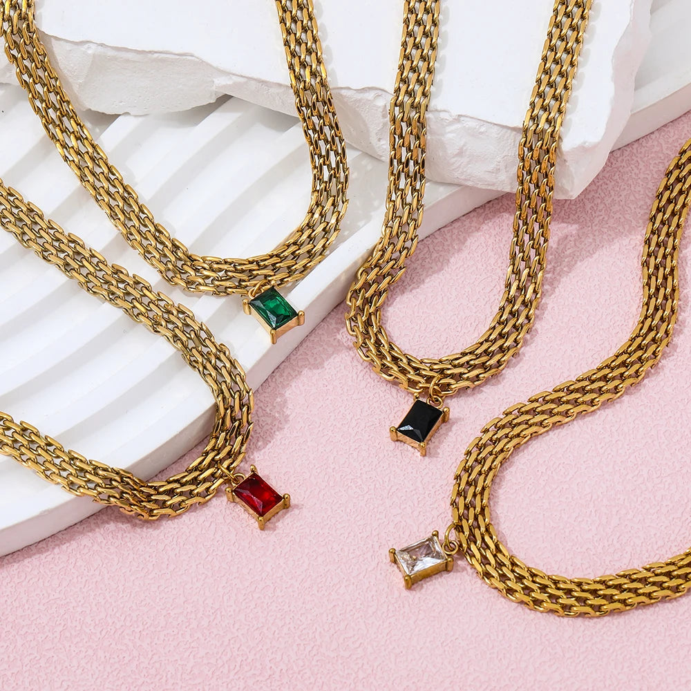 High End Hand Polished Green Clear Red Rectangle Pendant Band Choker Necklace Stainless Steel Necklace Waterproof MegaBDM