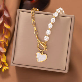 Jachon Pearl Necklace Jewelry Delicate Stainless Steel Temperament Heart Necklace for Women Fine Jewelry Necklaces