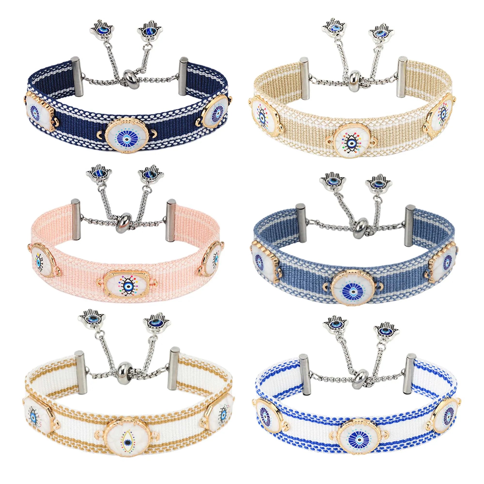 12pcs Evil Eyes Rivets Bracelets Pendant Chain Cuff Bracelet Friendship Wristband Adjustable Woven Braided Rope for Gifts