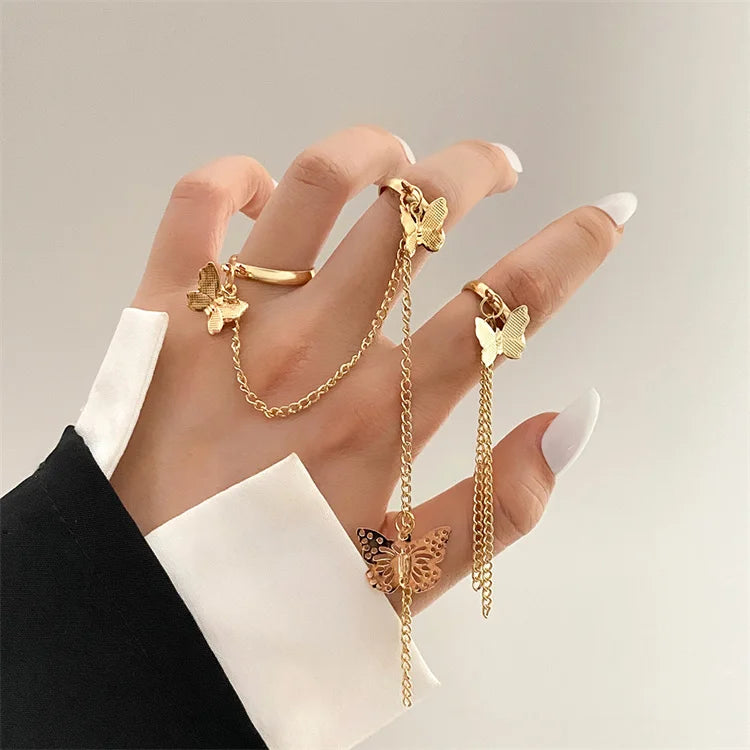 New Punk Cool Hiphop Chain Rings Multi-layer Adjustable Open Finger Butterfly Ring Set Man Rings Set