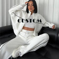 2024 Custom Ladies Casual Long-Sleeved Cardigan Sweater Suit Half-High Collar Lace-Up Striped Pants Autumn Vintage Hoodie