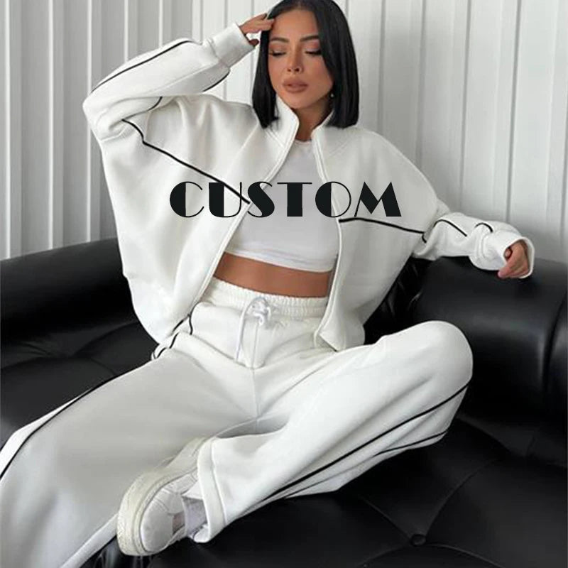 2024 Custom Ladies Casual Long-Sleeved Cardigan Sweater Suit Half-High Collar Lace-Up Striped Pants Autumn Vintage Hoodie