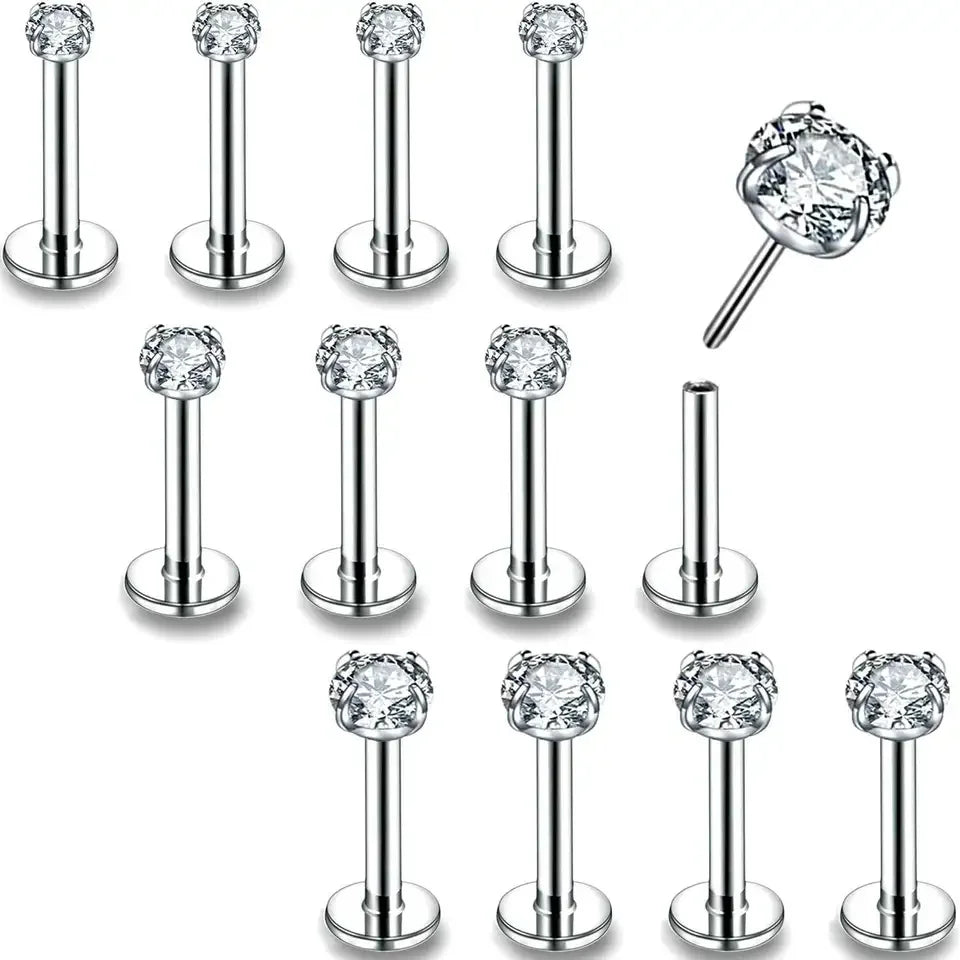 Evorte Nose Ear Piercing Jewelry Titanium AAA Zircon Prong Set Silver Plated Studs Cartilage Labret Wedding Engagement