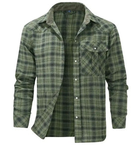 Men's Oversized Plaid Flannel Shirt Retro Pearl Button Western Style Long Sleeved Lapel Collar Shirt