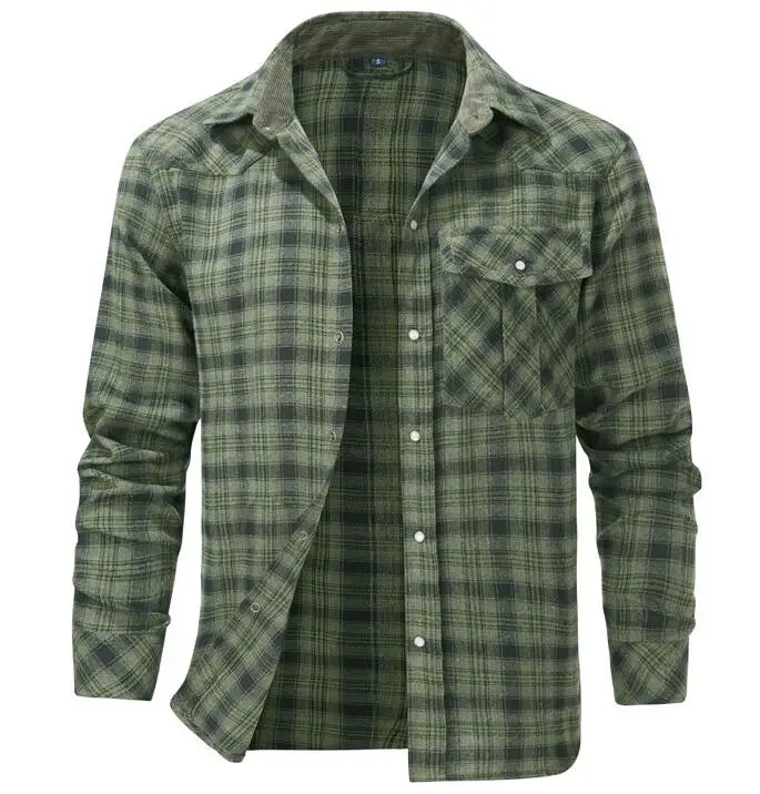 Men's Oversized Plaid Flannel Shirt Retro Pearl Button Western Style Long Sleeved Lapel Collar Shirt