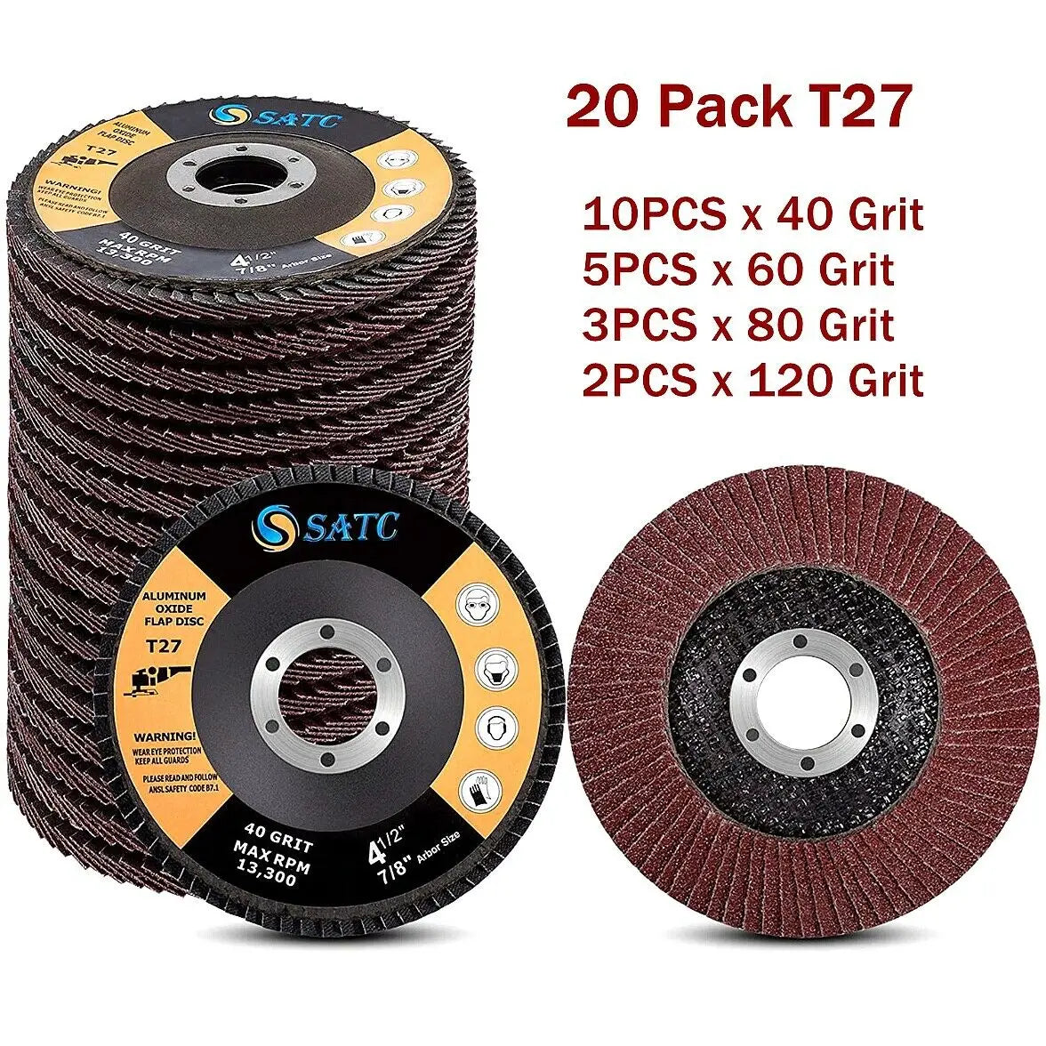 SATC 20pcs 4-1/2 Inch Angle Grinder Sanding Grinding Wheels Aluminum Aluminum Oxide 40 60 80 120 Grit Resin Flap Polishing Type