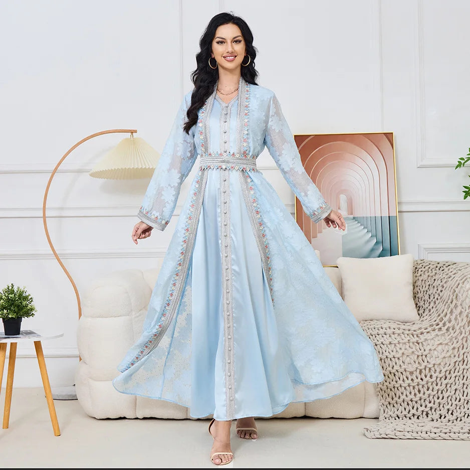 Modern Elegant Modest Traditional Muslim Women Light Blue Embroidered Gown Dubai Style Stylish Daily Party Wear MegaBDM