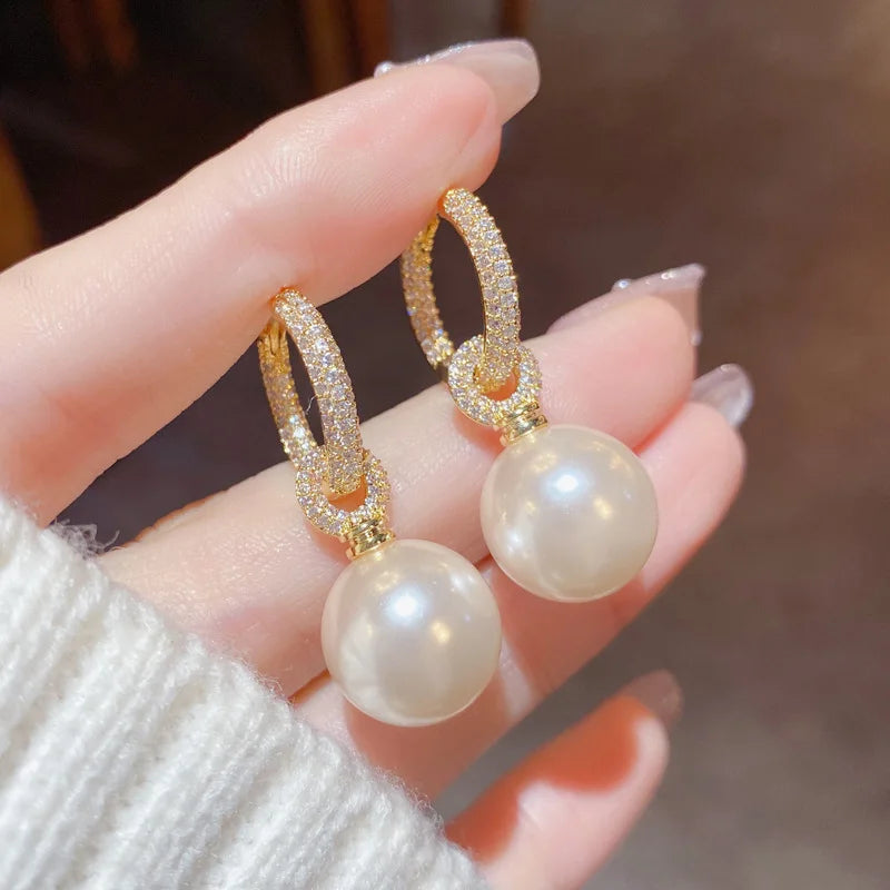 2023 Round Pearl Dangle Earrings Crystal Pearl Pendant Peal Real Gold Plated Earrings