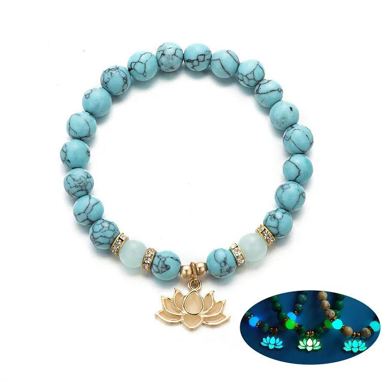 SC Personalized Luminous Lotus Pendant Bracelets 8mm Natural Turquoise Beads Bracelet Yoga Glow Lotus Charm Bracelets Women Men