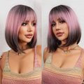 Pink Black Ombre Short Straight Cosplay Lolita Wigs with Bangs Pink Bob Synthetic Hair Wigs for Women Heat Resistant