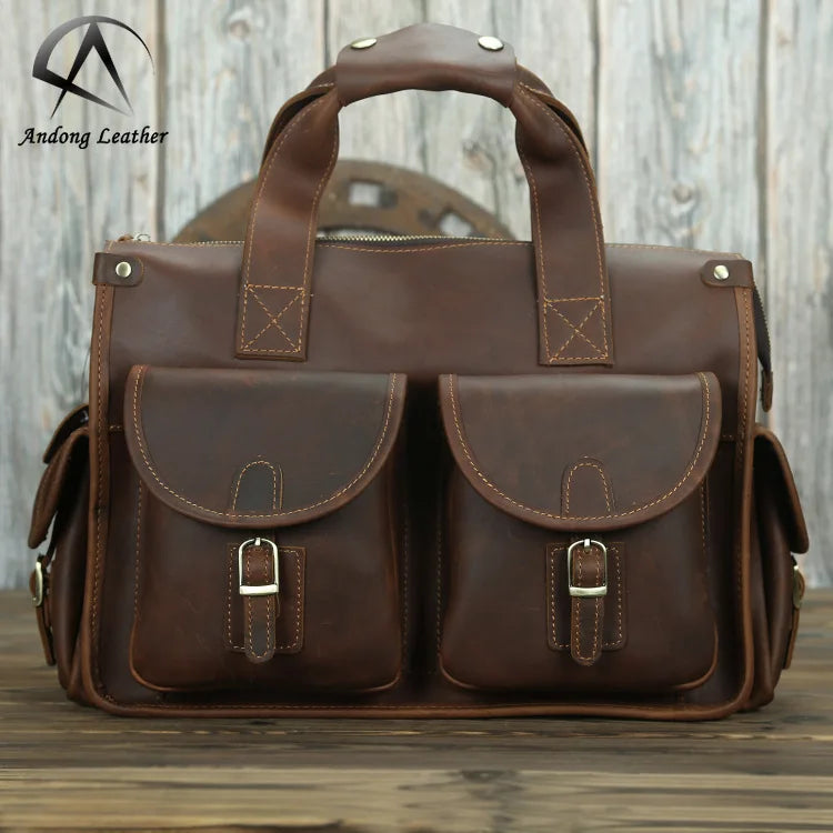 Andong Retro Crazy Horse Leather Handbag Cowhide Business Shoulder Bag Messenger Bags 14 Inch Briefcase Laptop Pocket