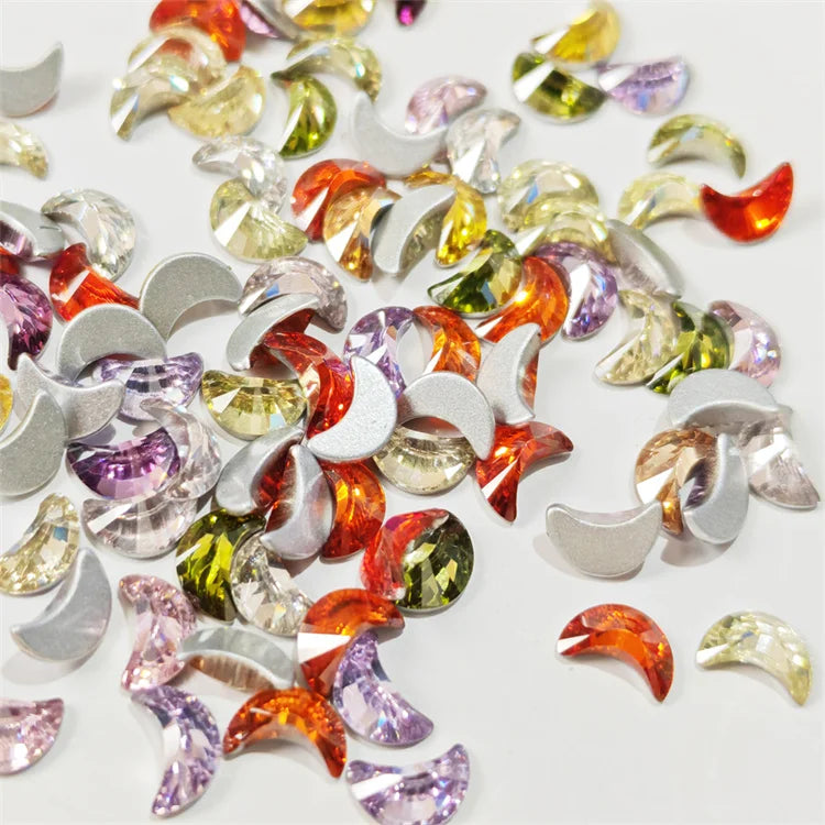 Hisenlee 100Pcs Mixed Color Eco-Friendly Glue Nail Charms 4X6MM Luxury Zircon Flat Base Moon Shape Rhinestone Nail Art