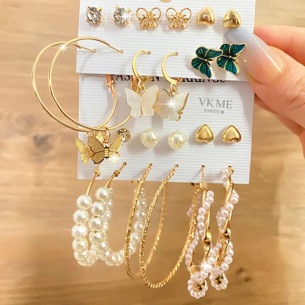 VKME New Women Acrylic Butterfly Pearl Earrings Set Jewelry