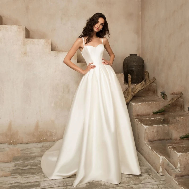 13115#Princess Boho Spaghetti Straps Sweetheart Sweep Train Sleeveless Simple Custom Backless Satin Wedding Dress Bridal Gown