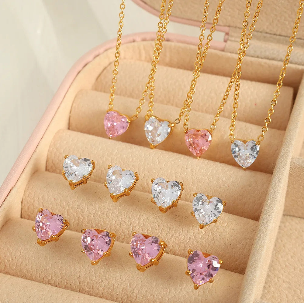 New 18k Gold Plated Tarnish Free 316L Stainless Steel Pink Heart Zircon Necklace Earrings Jewelry Set for Women