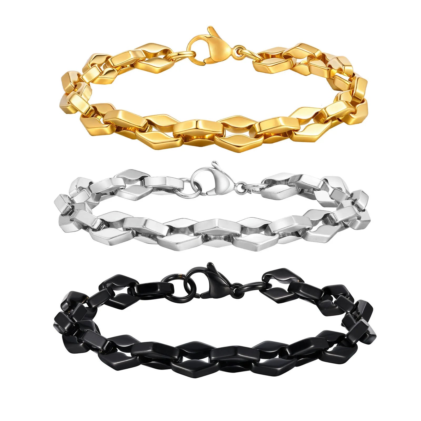 Fashion Design Men's Geometrical Shape Cuban Link Chain Simple Stainless Steel Bracelet With Lobster Clasp 21cm Unisex Bangle