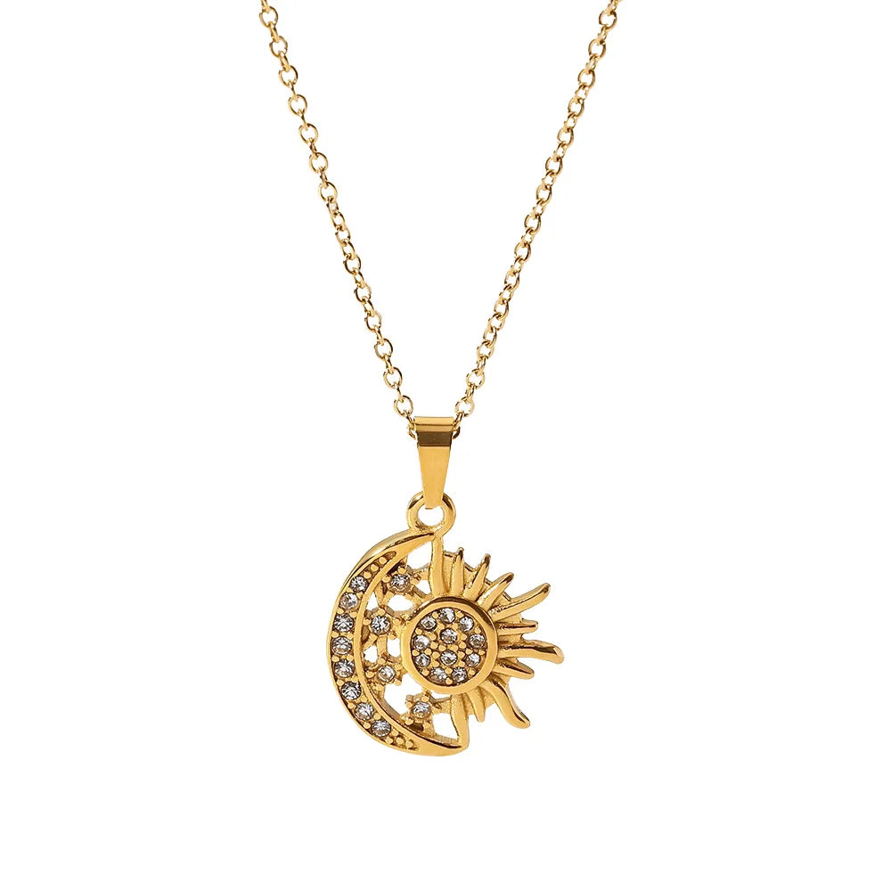 Stainless Steel Zircon Moon Sun Necklace Women 18K Gold Plated Moon Sunburst Pendant Necklace for Girls
