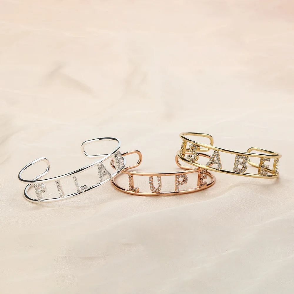 Qiuhan OEM Stainless Steel Personalized Rhinestone 9mm Letter Bracelet Party Gift Custom Name Bangle for Women