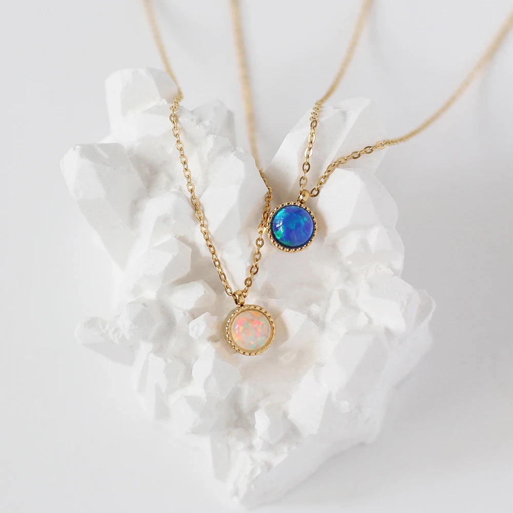 Moge Jewelry Collier Femme Gold Plated Stainless Steel Necklace Crystal Pendant White Blue Artificial Opal Necklace Woman