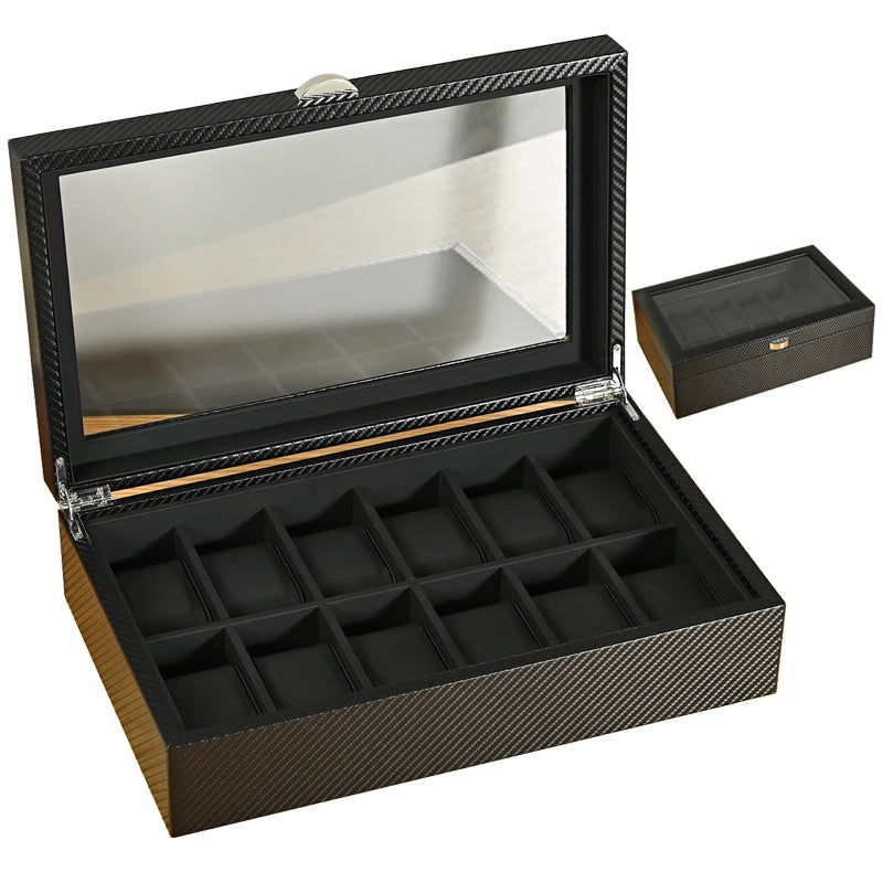 New Model Caja Reloj 10/12 Slots Glass Top Display Luxury Carbon Fiber  Leather Watch case Organizer