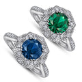 Halo Ring Round Cut 7mm Blue and Green Prong Setting Rhodium Plated Thick 18K Gold Plated Promise Ring in Silver