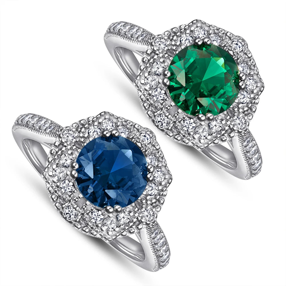 Halo Ring Round Cut 7mm Blue and Green Prong Setting Rhodium Plated Thick 18K Gold Plated Promise Ring in Silver