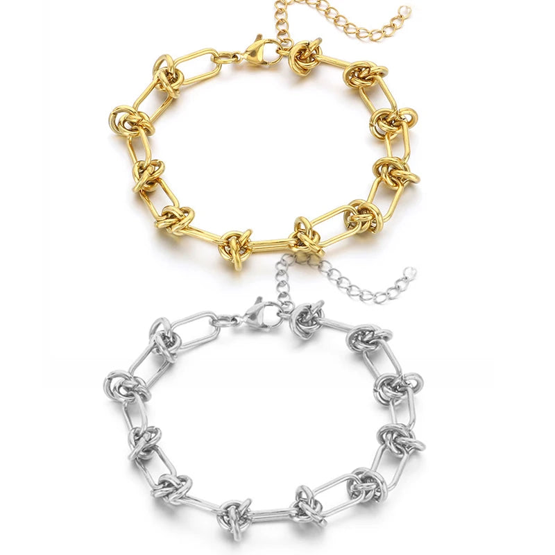 Waterproof 18K Gold Plated Knot Chain Bracelet for Men Women Fashion Stainless Steel Twist Barbed Wire Knot Link Chain Bracelet
