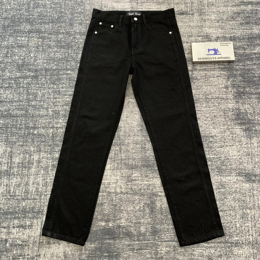 DENIMGUYS Custom Vintage Washed Full Rhinestone Straight Leg Men Jeans With Emboss Logo Pants for Men