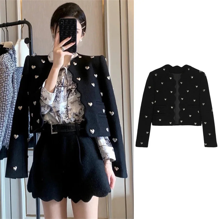 Wholesale 2026 Heavy Industry Black Love Wool Coarse Tweed Short Coat Women's Spring Western Design Cardigan Coat
