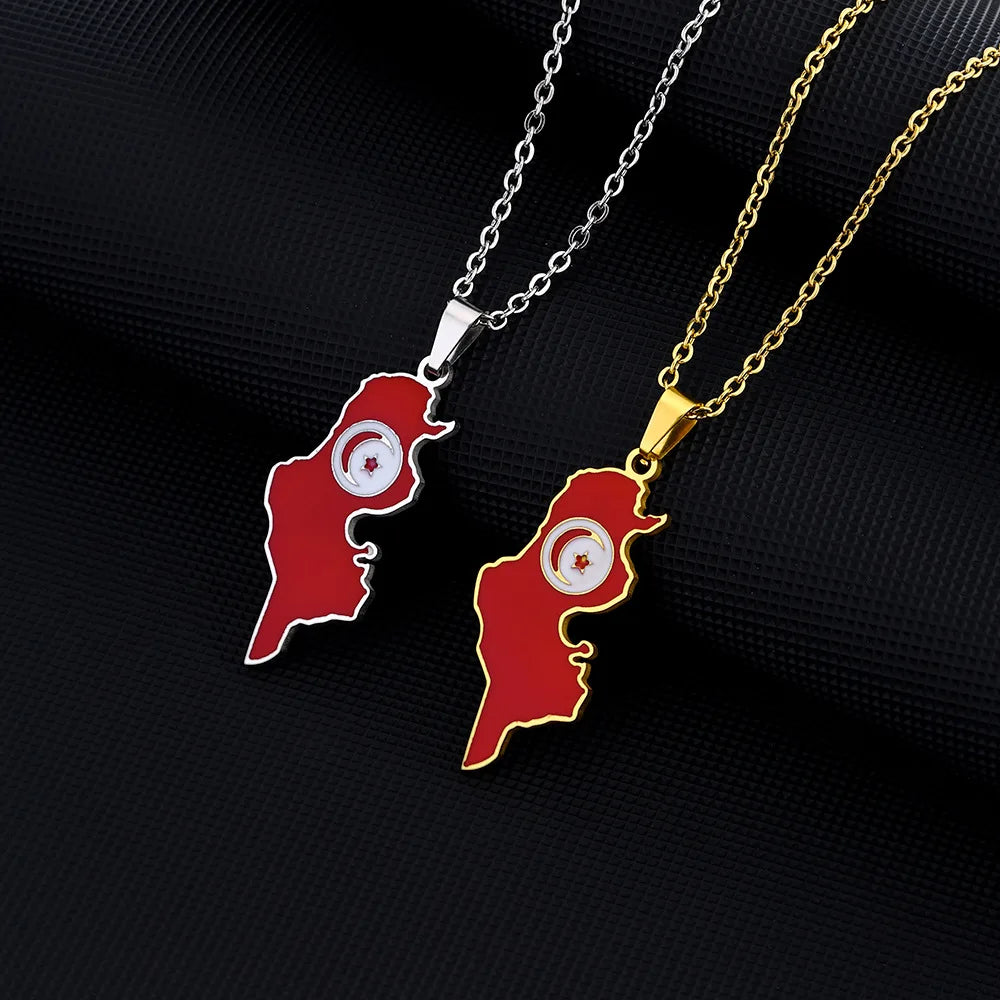 18K Gold Plated Enameled Tunisia Map Link Chain Necklace Stainless Steel Enamel Tunisian National Flag Map Pendant Necklace