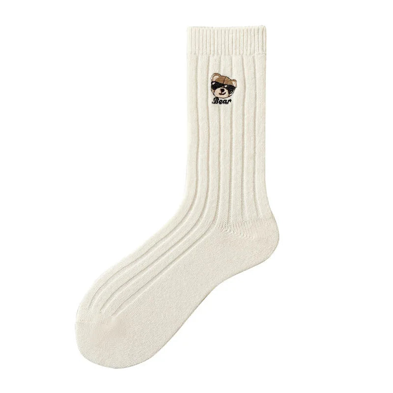 Solid Color Cartoon Embroidery Pile Socks Wool Mid-tube Socks Autumn and Winter Thickened Warm Student Plush Socks