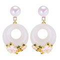 Women's New Chinese Style White Jade Flower Drop Earrings Natural Freshwater Pearl Jewelry