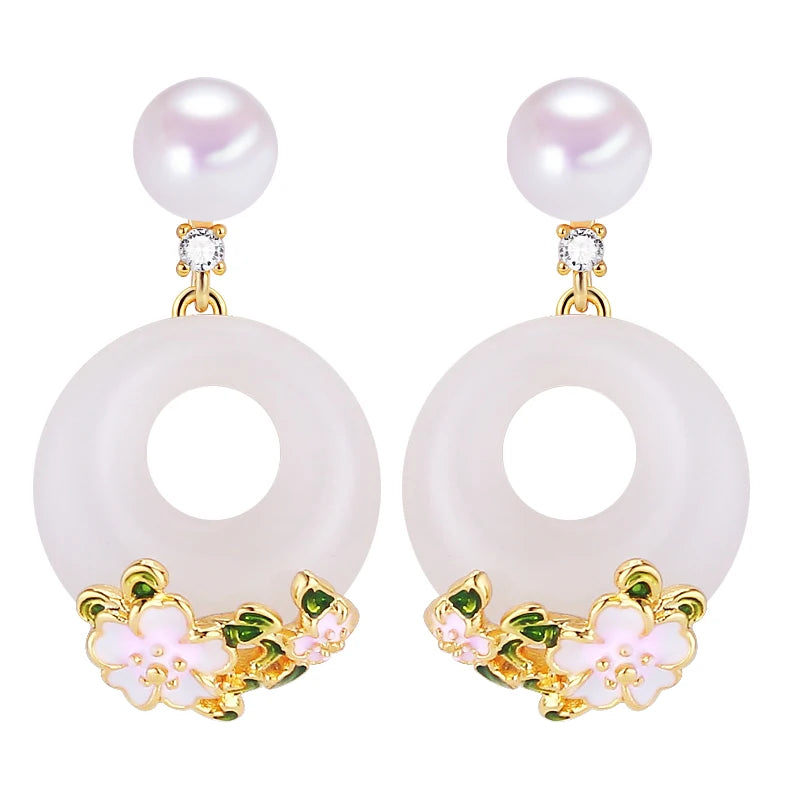 Women's New Chinese Style White Jade Flower Drop Earrings Natural Freshwater Pearl Jewelry