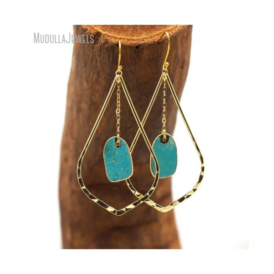 ER28807 Natural Gemstone Turquoise Teardrop Shape Hoop Dangle Hook Earrings Gold Plated Boho Chic Trendy Fashion Jewelry Gift