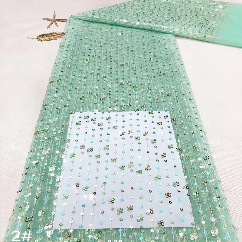 New Arrival  Striped Green Embroidery Sequins Tulle Lace Fabric LT21304
