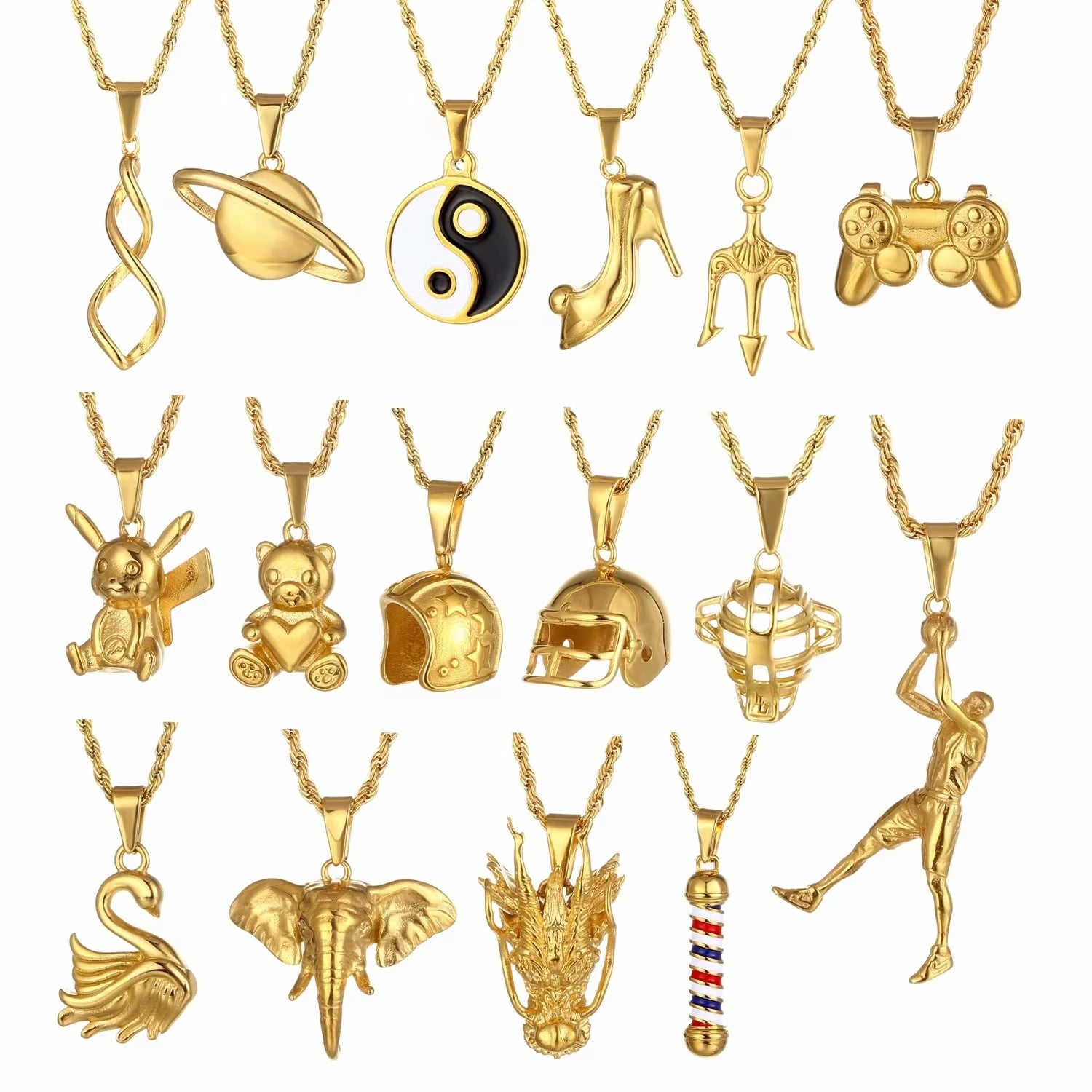 Fashion Trident Pendant 60+ Style 18K Gold Plated Animal Jewelry Waterproof Stainless Steel Cross Necklace for Women Men