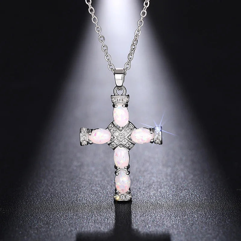 CAOSHI Factory Direct Sales Silver/Rose Gold Plated Cross Necklaces Oval Opal Hip Hop Style Women/Men Jewelry Pendant Necklaces