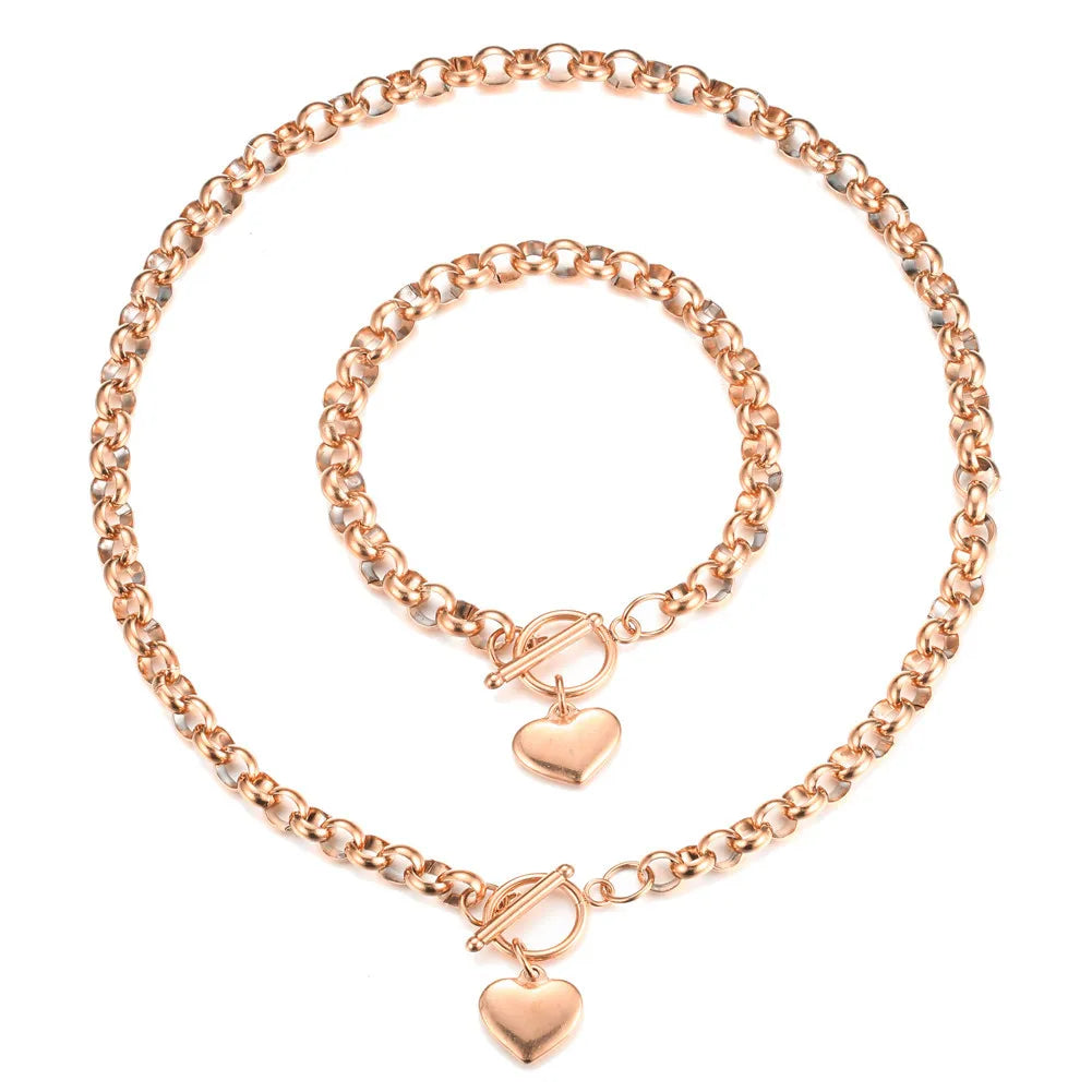 Hip Hip Fashion Titanium Stainless Steel 8mm Chunky Chain Necklace Plus Bracelet Heart Pendant Jewelry Set Jewellery