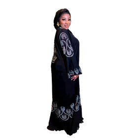 Recommend African Dresses Linen Abaya Luxury Rhinestones Black Abaya V-neck With Long Sleeves Abaya Dress