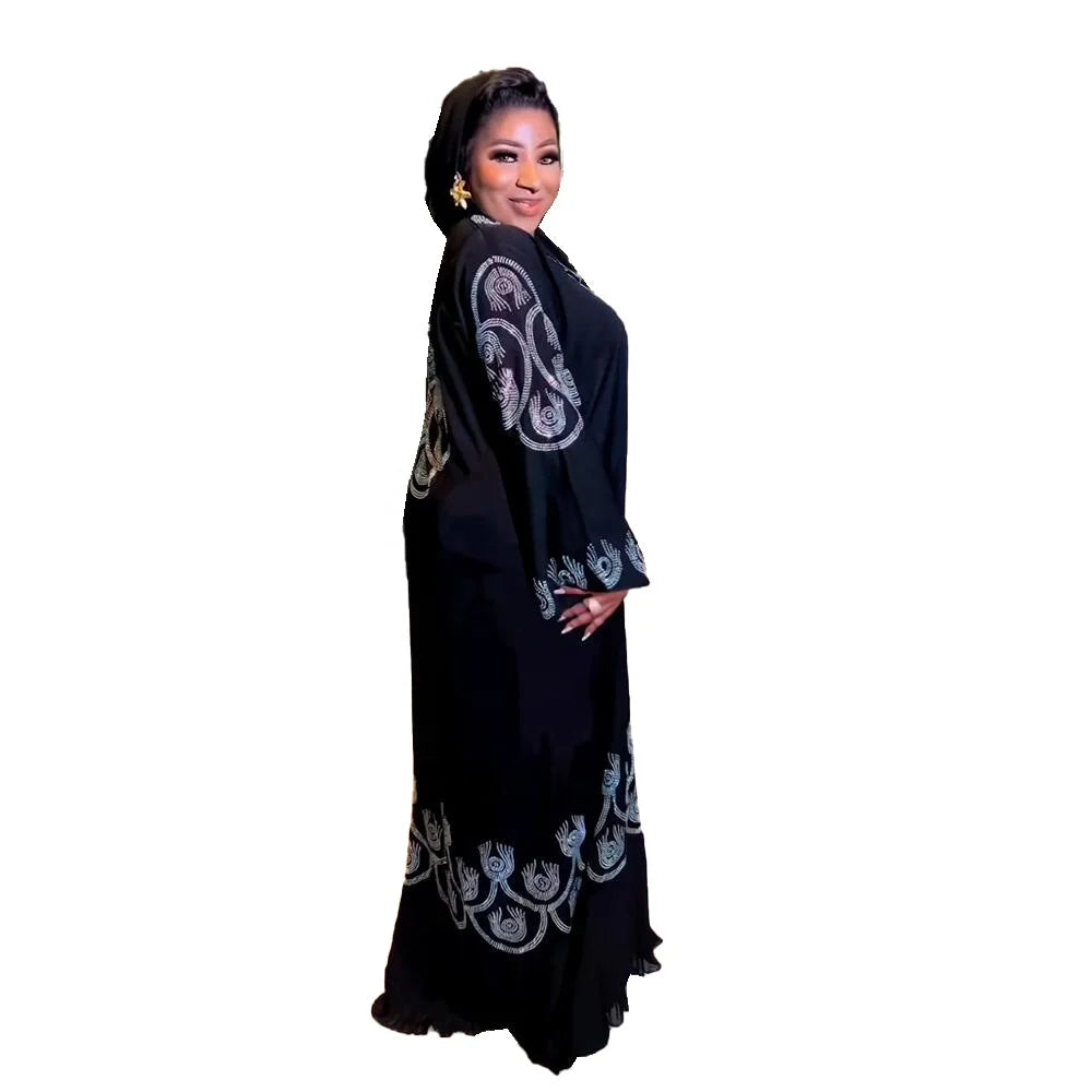 Recommend African Dresses Linen Abaya Luxury Rhinestones Black Abaya V-neck With Long Sleeves Abaya Dress