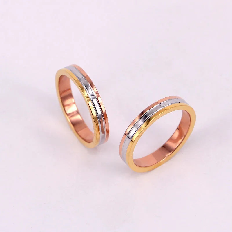 Minimalist Women Men Tricolor Silver 18K Gold Plated Titanium Steel Band Ring Stainless Steel Engagement Ring for Couples
