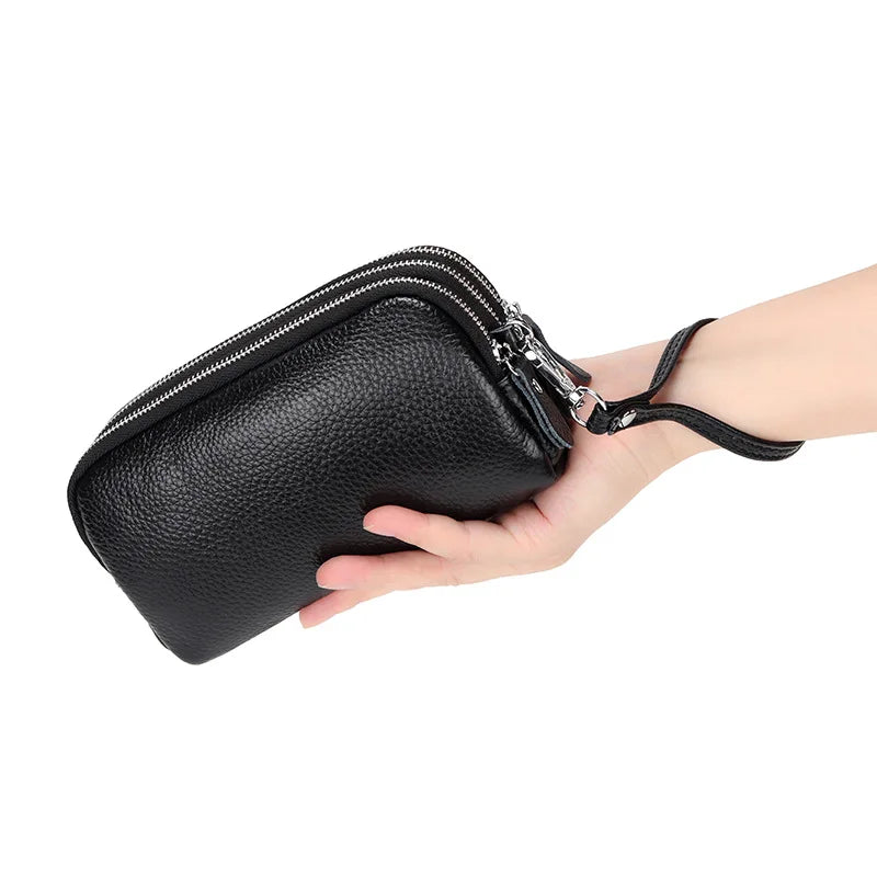 Women Clutch Phone Bag Genuine Cow Leather Three Zipper Long Wallet Purse Cowhide Ladies Purses