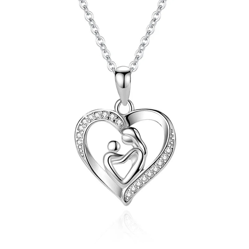 SSeeSY Fashion Brass Copper Jewelry Heart Shaped Mothers Son Concentric Pendant with Diamond Mother's Day Necklace Gift for Mom