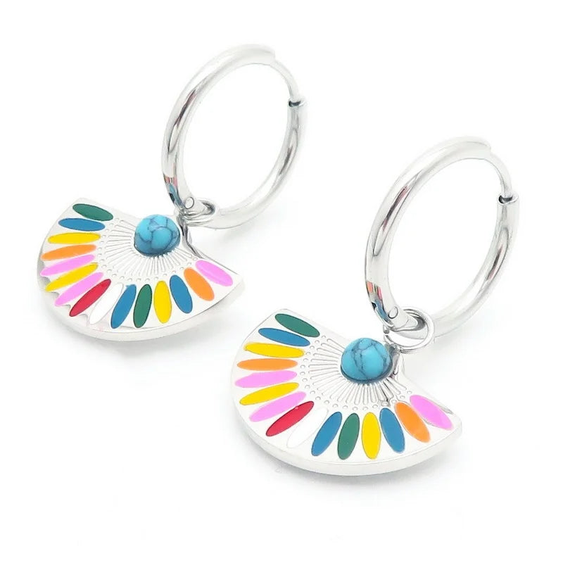 BM Fashion Jewelry Stainless Steel 18k Gold Plated Pendant Earrings Bohemia Style Colorful Fan Shape Gift Women