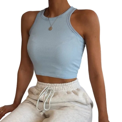 Sexy Breathable Knitted Short Crop Tank Tops Women Slim Versatile Solid Color Sleeveless