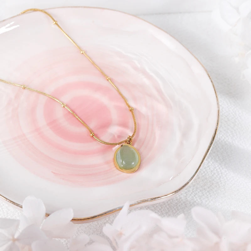 HOVANCI Women 18K Gold Plated Stainless Steel Jewelry Oval Ellipse Blue Sapphire Aquamarine Natural Jade Stone Pendant Necklace