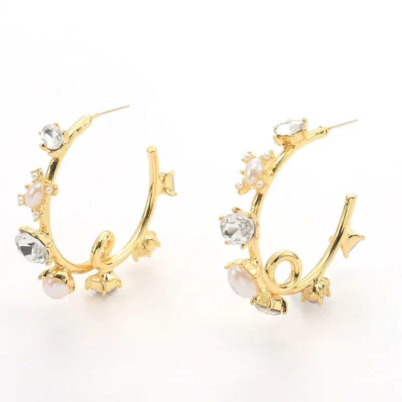 Designer Pearl and Crystal Hoop Earrings for Women Hypoallergenic Girls Pearl Earrings Drop Dangle Earrings 14K Gold Plated