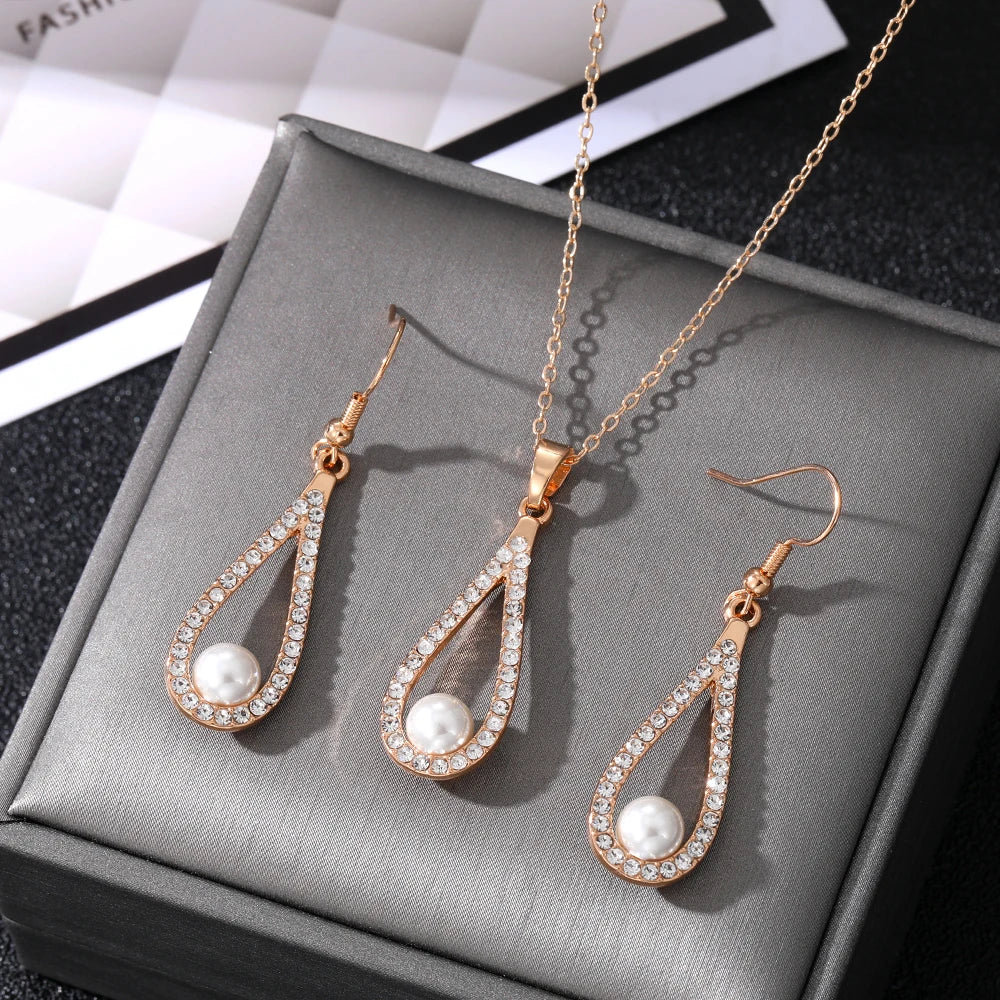 VKME New Women Jewelry Fashion Rhinestone Necklace Earrings Water Drop Pearl Jewelry Set