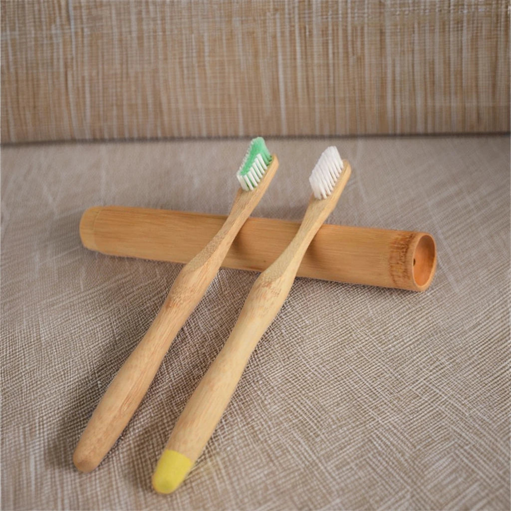 Custom OEM Free Laser logo Round Handle Charcoal Bristles Bamboo Toothbrush Pack in Bamboo case with Customized logo